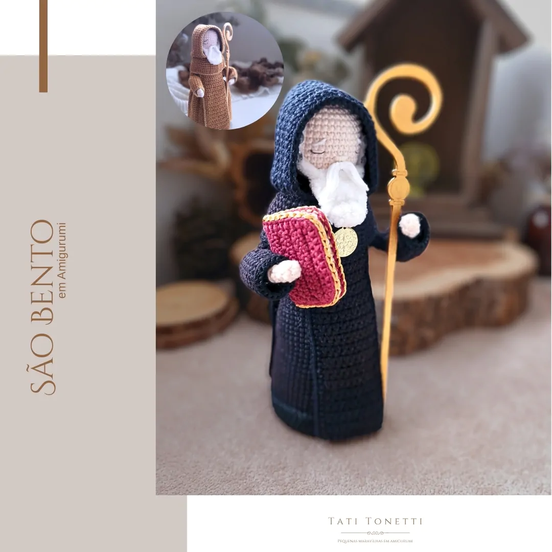 São Bento em Amigurumi segurando cajado e livro – e-book de crochê com duas versões